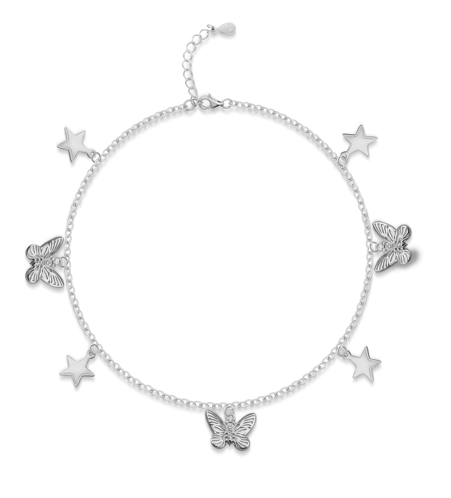 925 BIS hallmarked silver butterfly star charm anklet full view white background — Ross Jewells women's anklet India 925 BIS hallmarked silver butterfly star charm anklet full view white background — Ross Jewells women's anklet India