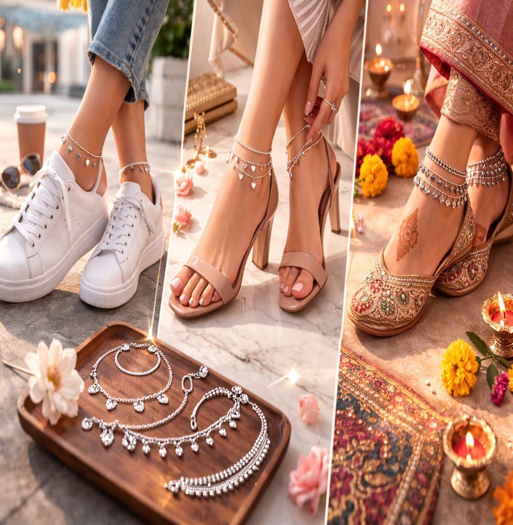 Sterling silver anklet styled with sneakers heels and ethnic footwear in a side-by-side fashion comparison