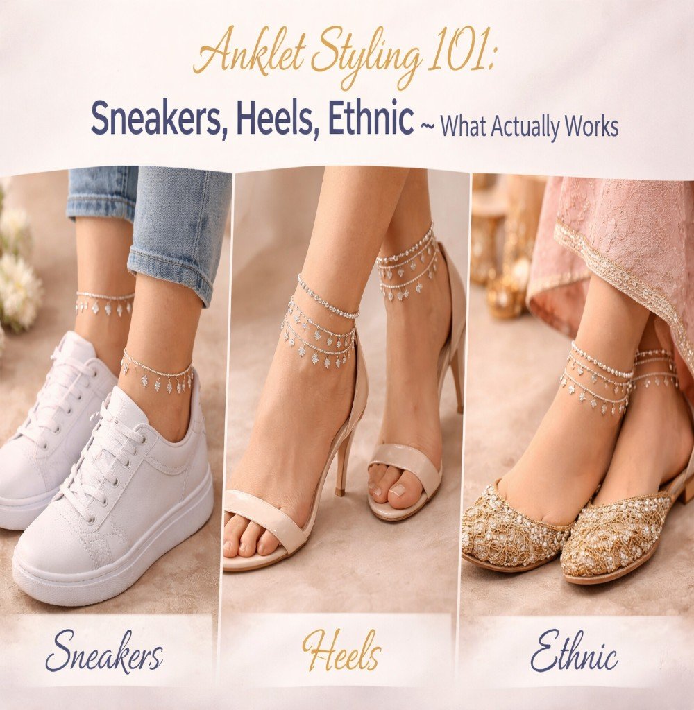 How to style silver anklets with sneakers heels and ethnic shoes

Anklet fashion guide showing casual, formal and ethnic styling

Minimal silver anklet paired with sneakers, heels and traditional footwear