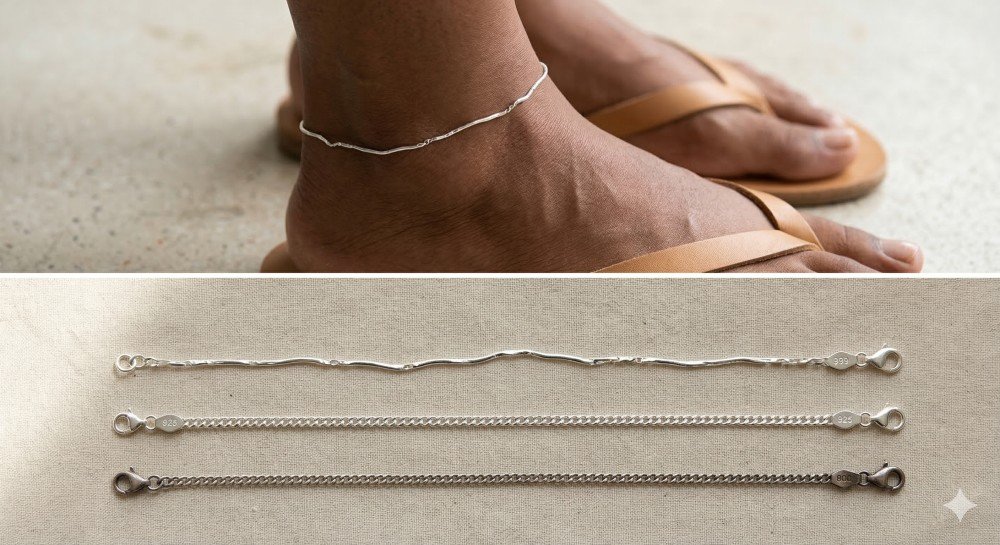 Three silver anklets side by side labeled 999, 925, and 800, showing differences in shape, shine, and tarnish on a neutral fabric background