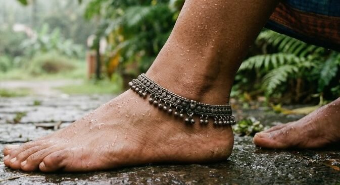 A close-up lifestyle shot of a person's bare foot and lower leg standing on a wet stone path. The skin is dotted with small water droplets, and they are wearing an intricately detailed, slightly darkened silver anklet with small dangling bells. The background is a soft, hazy blur of lush green tropical plants, suggesting a humid monsoon environment.