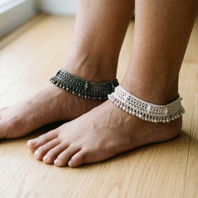 A close-up shot of a person's feet and ankles resting on a light wooden floor in soft, natural daylight. They are wearing two intricately detailed silver anklets, demonstrating a clear visual contrast: the anklet on the left foot is tarnished and darkened, while the anklet on the right foot is freshly polished and bright silver.