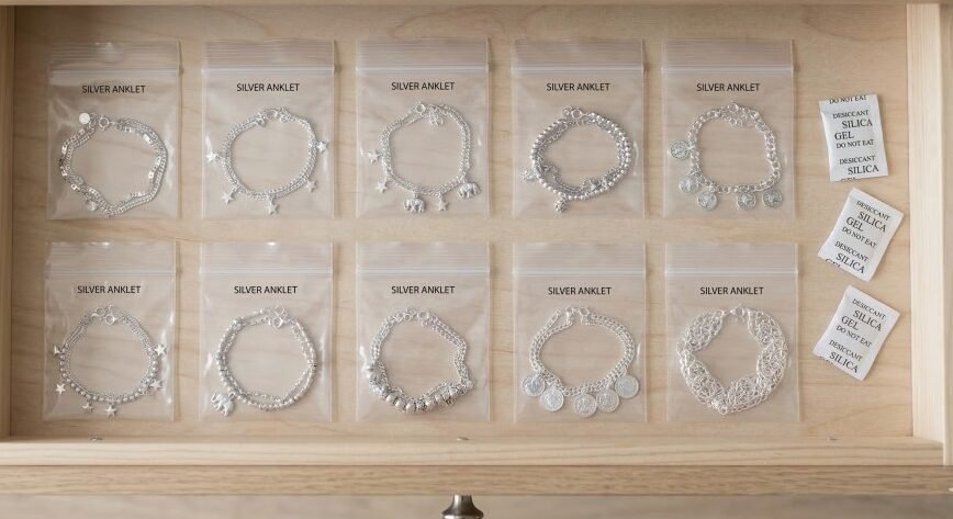 Top-down view of a light wood drawer organizing ten silver anklets. Each is sealed in a small, clear zip-lock pouch. Three silica gel packets sit on the right side to prevent tarnishing.