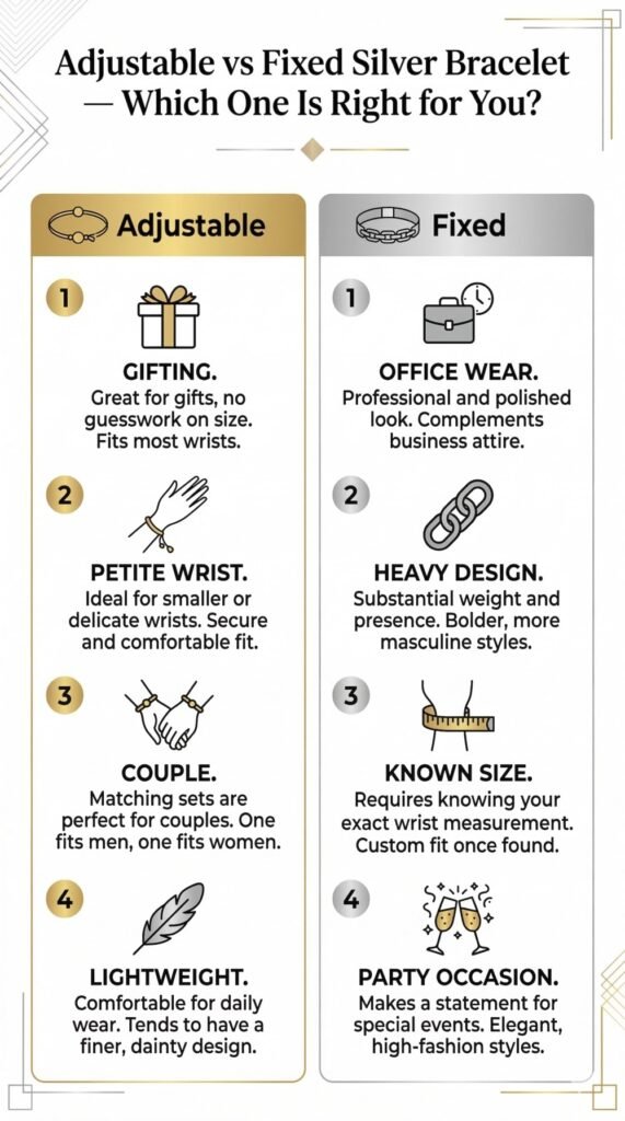 Infographic comparing adjustable vs fixed 925 sterling silver bracelets for Indian women, showing best use cases for gifting, office wear, couple bracelets, petite wrists and daily wear by Ross Jewells.
