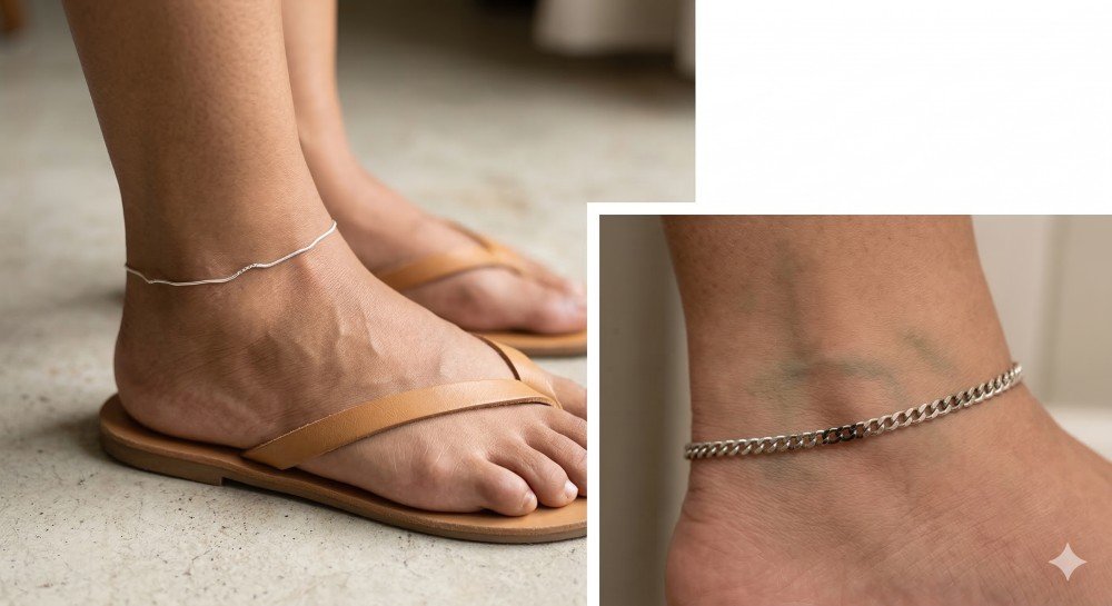 Three silver anklets side by side labeled 999, 925, and 800, showing differences in shape, shine, and tarnish on a neutral fabric background.