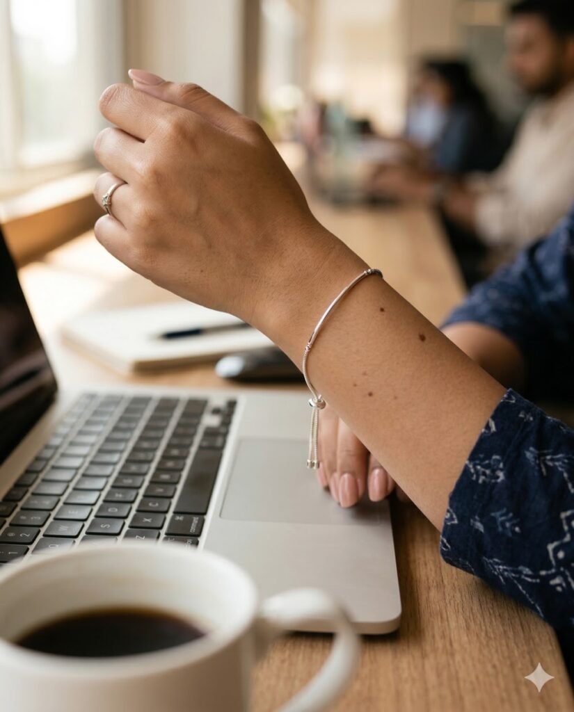 Indian woman wearing a minimalist adjustable 925 sterling silver bracelet at office desk with laptop and coffee mug in background

Close-up of a silver bracelet on Indian woman's wrist at office desk, soft morning window light, daily wear jewellery

925 sterling silver adjustable bracelet worn by Indian woman at work desk, editorial jewellery lifestyle photo

Minimalist silver bracelet for daily office wear on Indian woman's wrist with blurred laptop background

Adjustable 92.5 sterling silver bracelet close-up on wrist at office desk, warm natural light, women's daily wear jewellery India