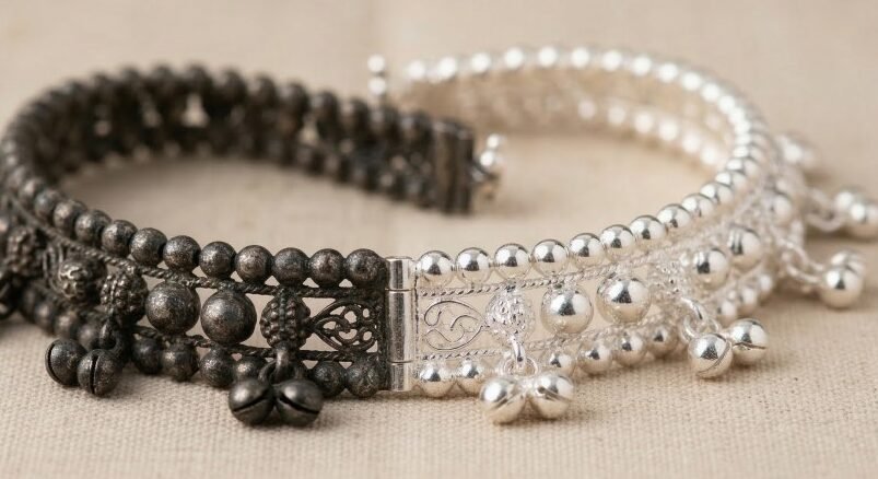 A macro photograph of a detailed, structured silver anklet resting on a light, textured fabric surface. The anklet is split exactly down the middle to show a stark contrast: the left half is dark, heavily tarnished, and matte, while the right half is bright, highly polished, and reflective. The jewelry features intricate beadwork, filigree patterns, and small dangling bells, with a shallow depth of field blurring the background.