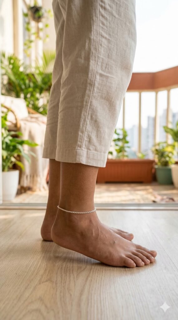 Silver sterling anklet worn on an Indian woman’s ankle, styled with minimal footwear, highlighting daily-wear jewellery in natural daylight