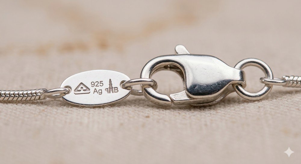 Macro shot of a silver anklet clasp with a tiny 925 purity stamp and hallmark visible on a small tag.